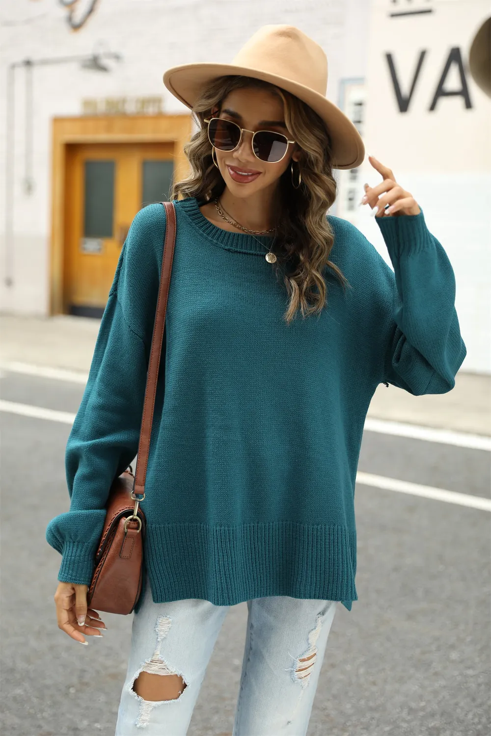 Round Neck Dropped Shoulder Slit Sweater, image 4