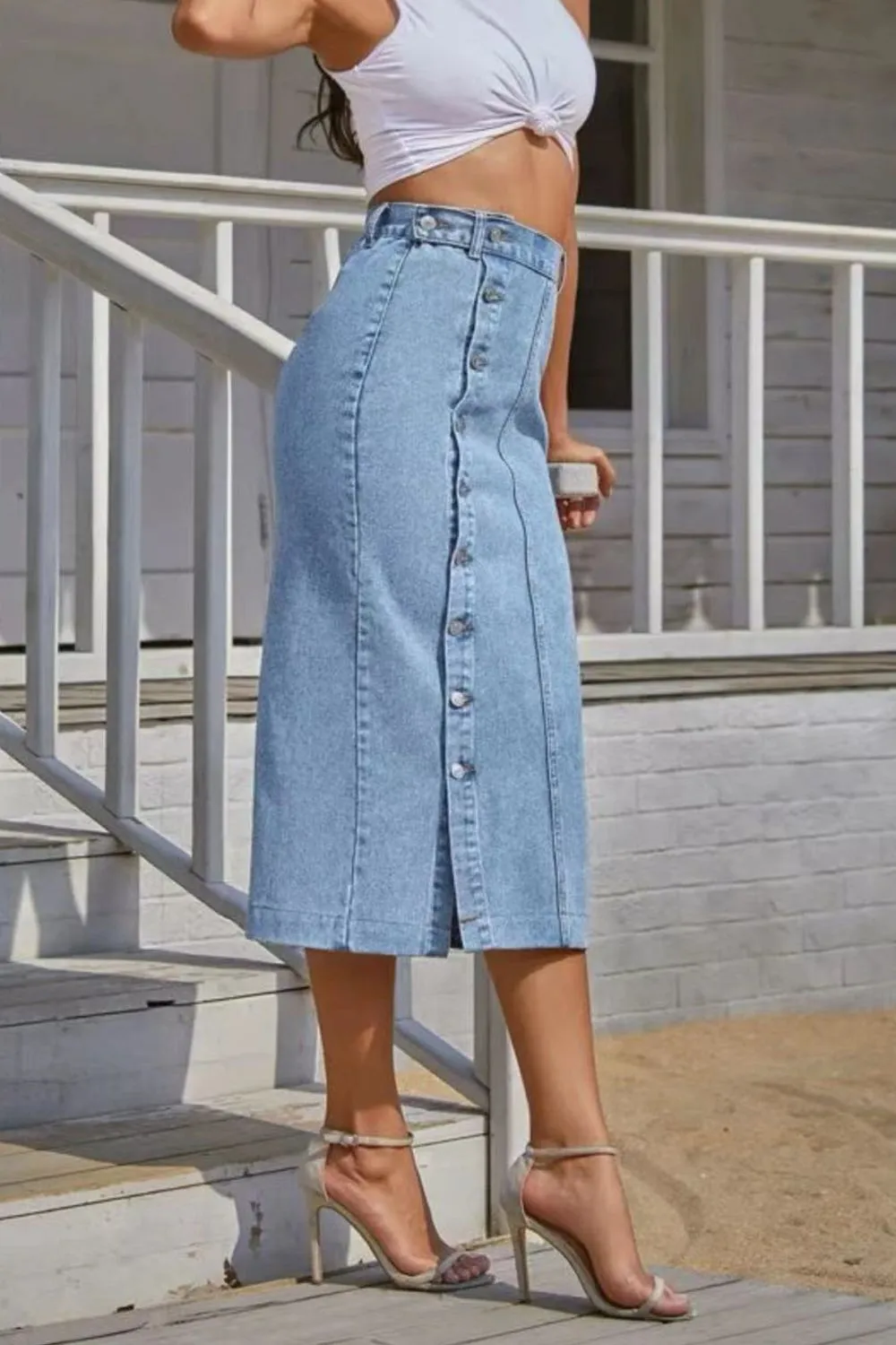 Buttoned Split Denim Skirt, image 4