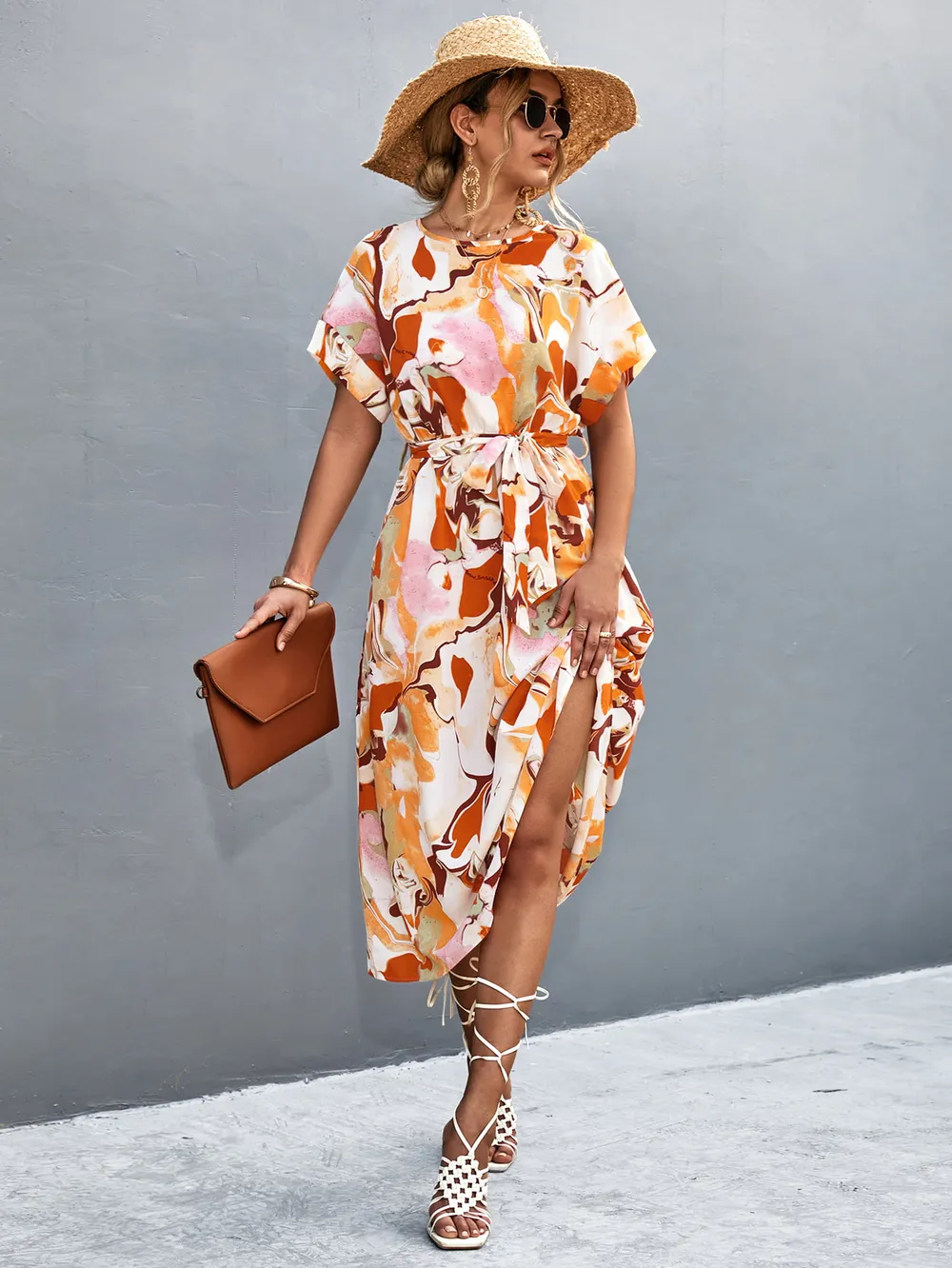 Round Neck Short Sleeve Tie Waist Midi Dress, image 7