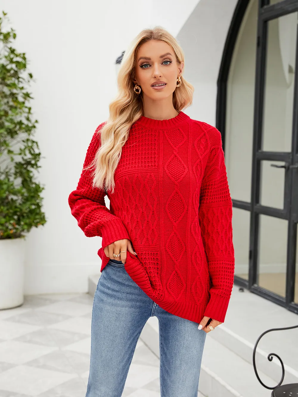 Round Neck Dropped Shoulder Sweater, image 2
