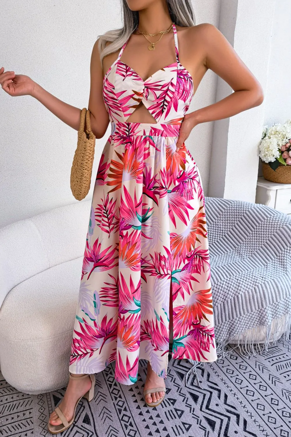Botanical Print Tied Backless Cutout Slit Dress, image 10