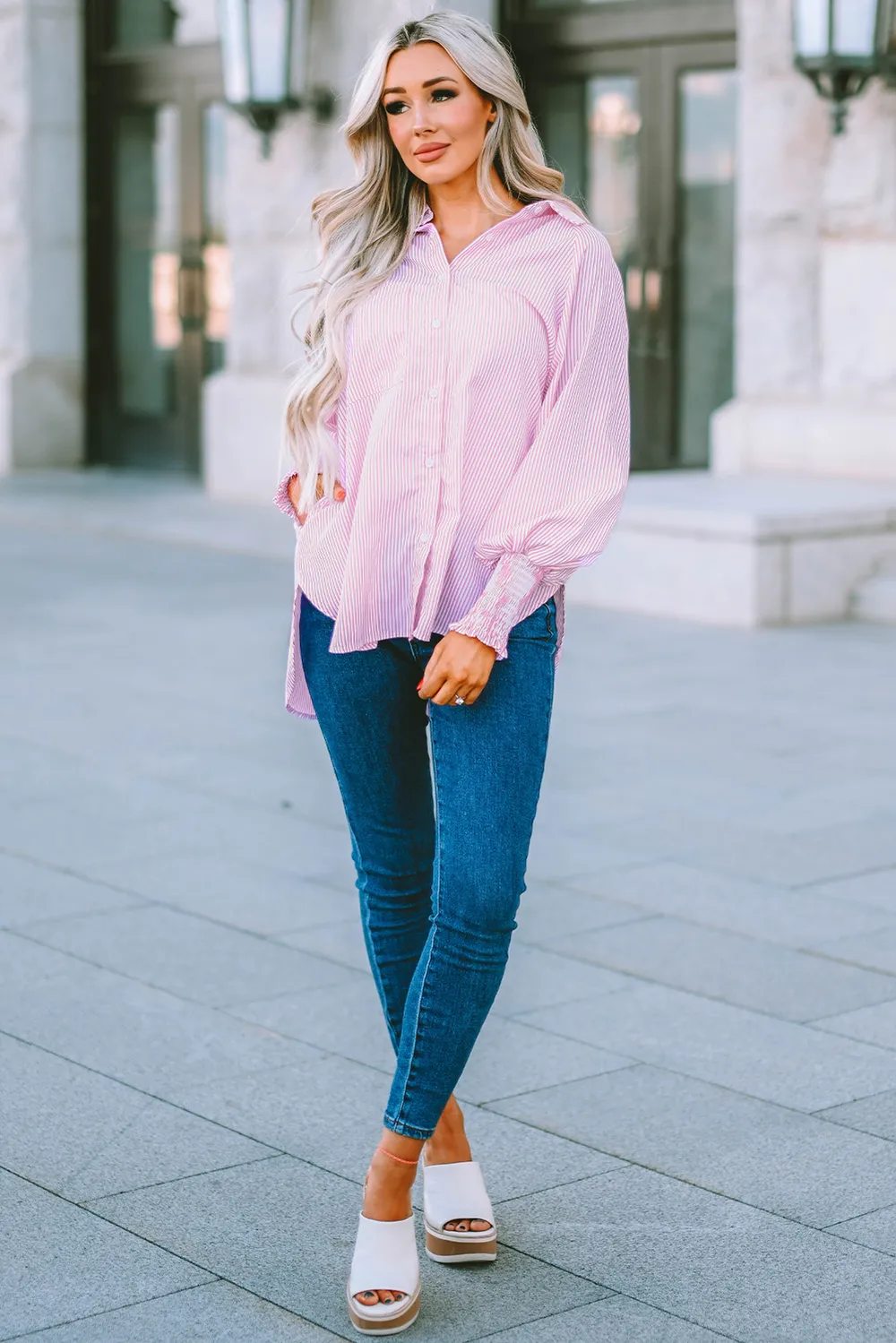 Striped Lantern Sleeve Collared Shirt, image 10