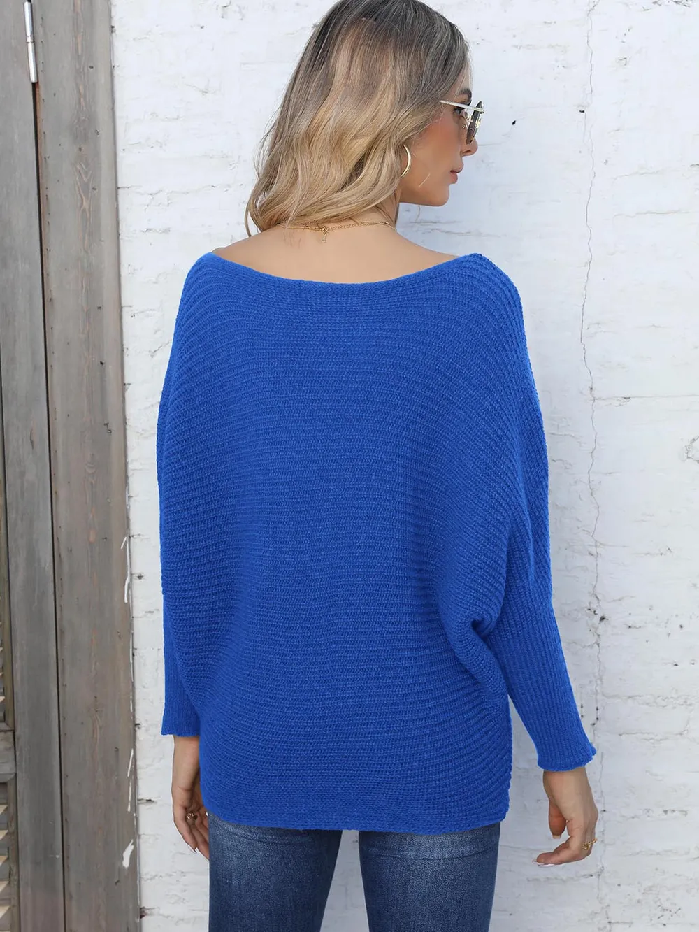 Full Size Horizontal Ribbing Dolman Sleeve Sweater, image 12