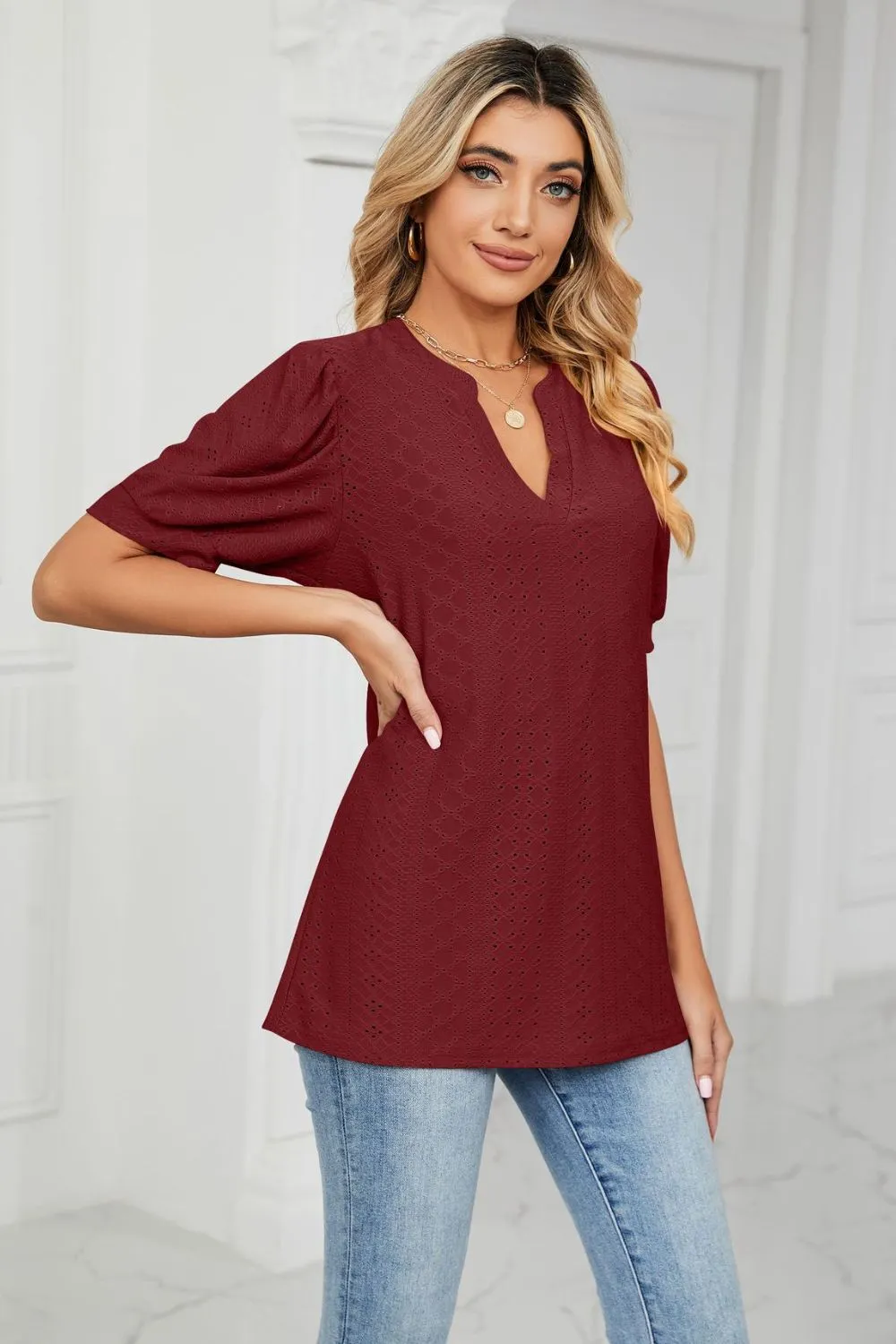 Eyelet Short Puff Sleeve Notched Neck Top, image 30