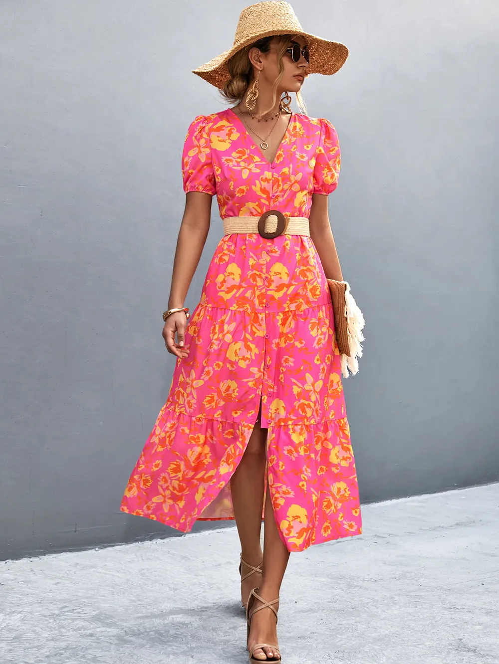 V-Neck Short Sleeve High Slit Midi Dress, image 4