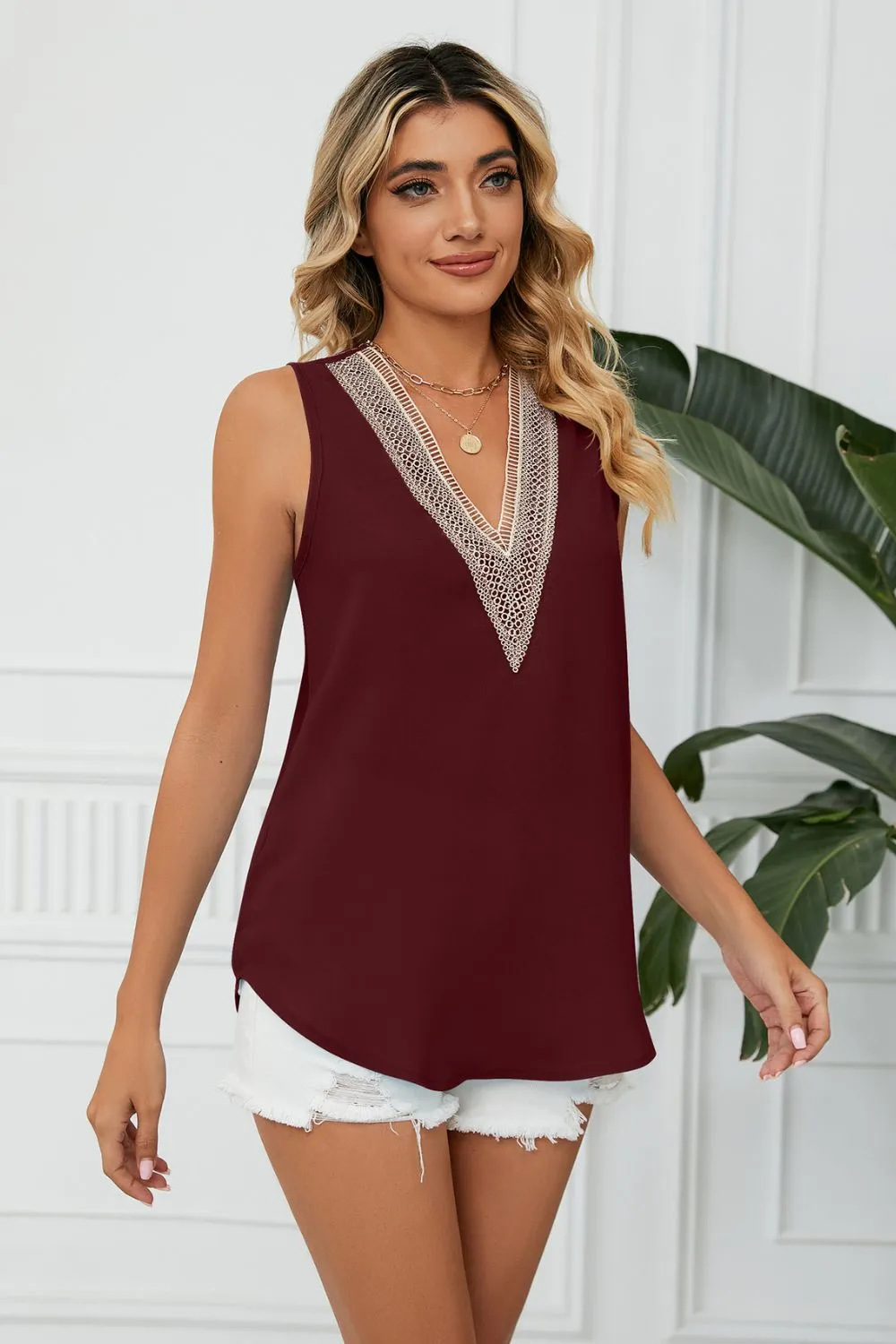 Contrast Trim Plunge Sleeveless Blouse, image 16