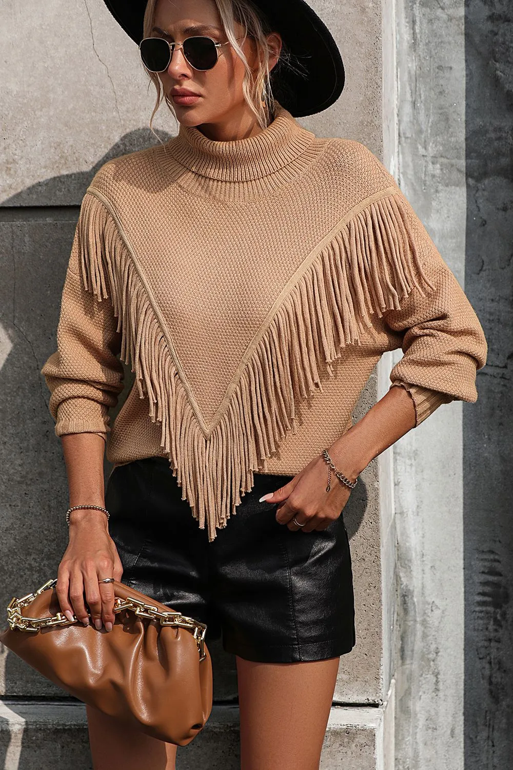 Turtle Neck Tassel Front Long Sleeve Pullover Sweater, image 11