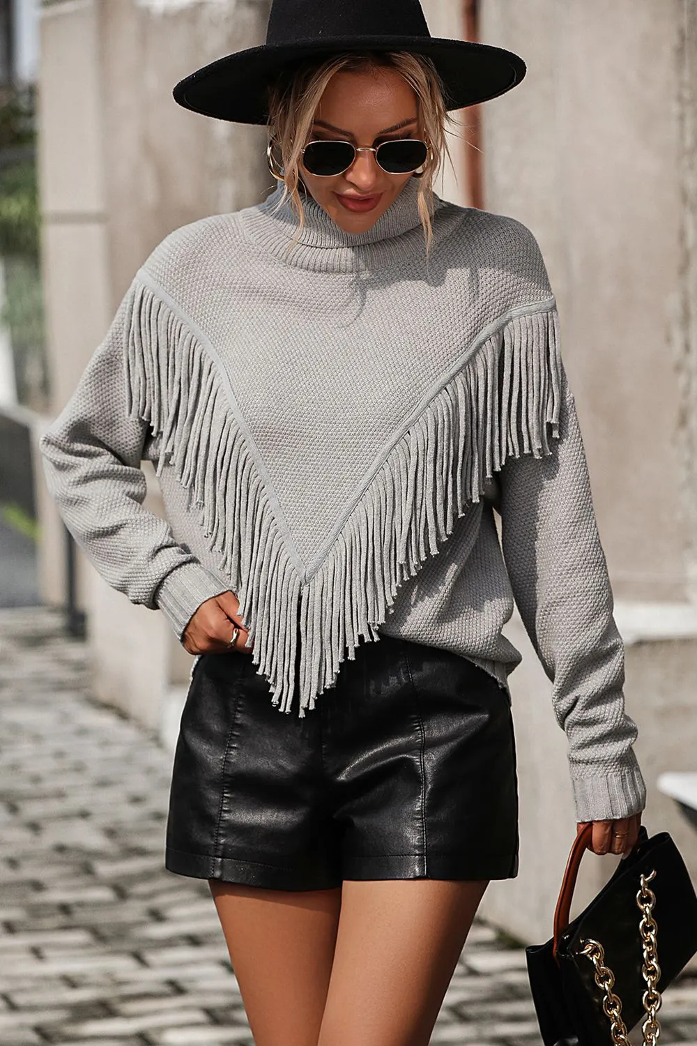 Turtle Neck Tassel Front Long Sleeve Pullover Sweater, image 17