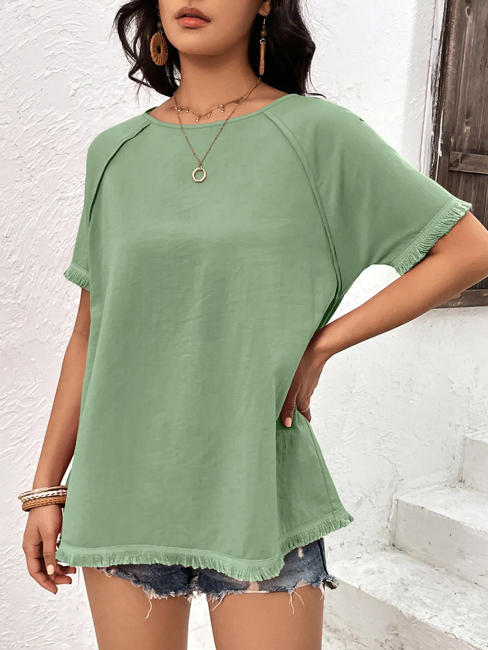 Round Neck Raglan Sleeve Fringe Detail Top, image 4