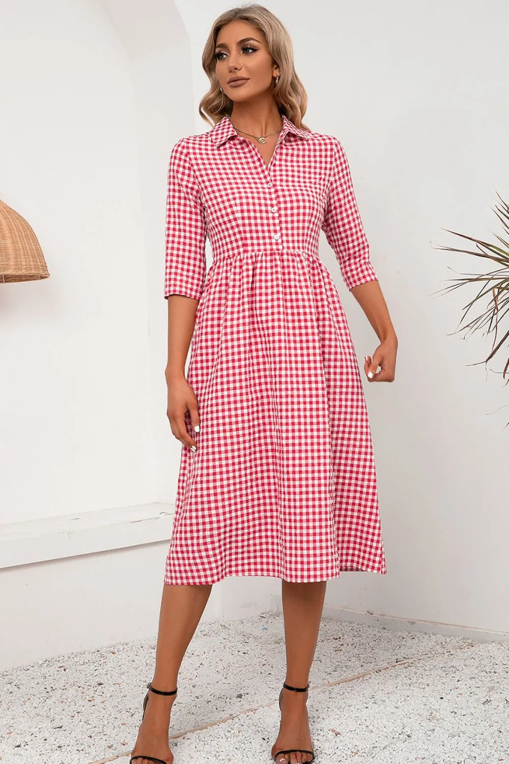 Plaid Collared Neck Midi Dress, image 2