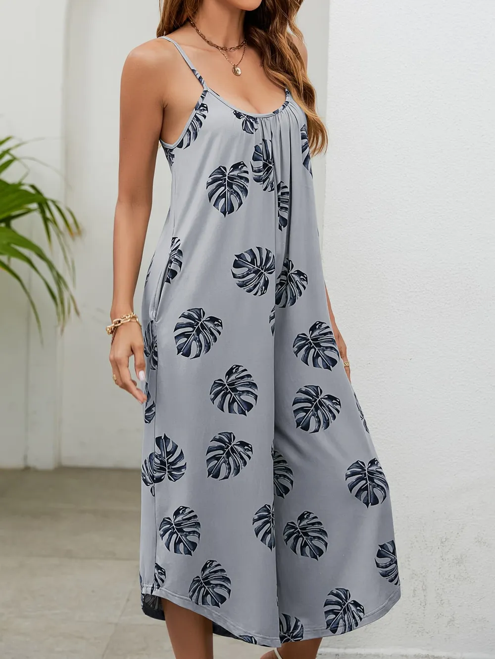 Botanical Print Spaghetti Strap Scoop Neck Jumpsuit, image 9