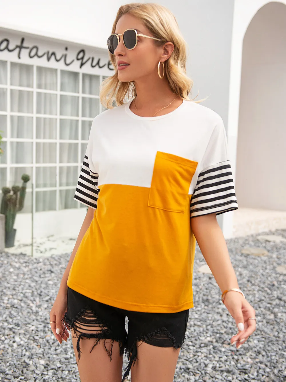 Striped Color Block Round Neck Tee, image 4
