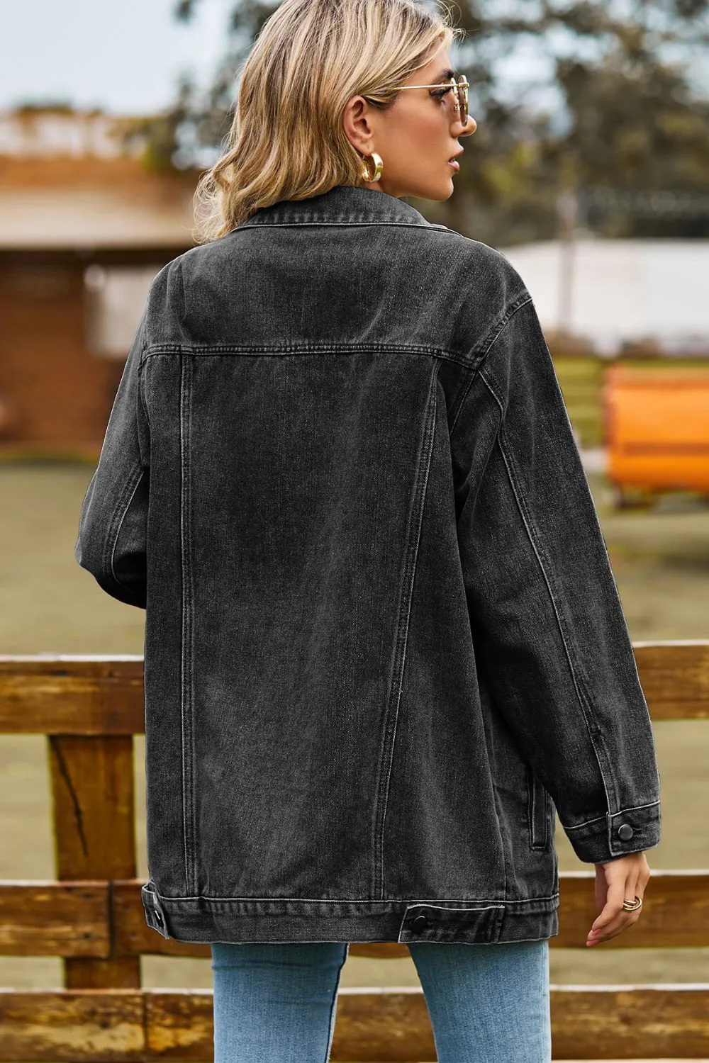 Buttoned Collared Neck Denim Jacket with Pockets, image 9