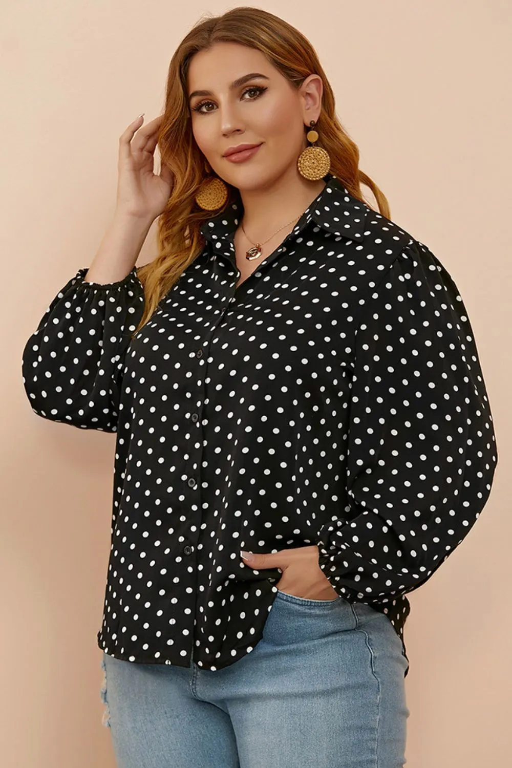 Plus Size Polka Dot Balloon Sleeve Shirt, image 5