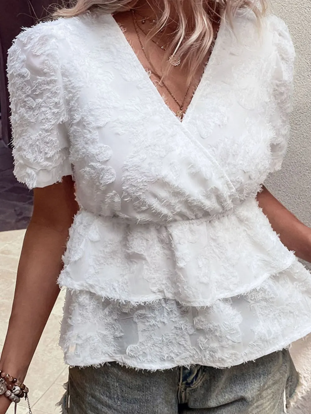 Surplice Neck Layered Peplum Top, image 3