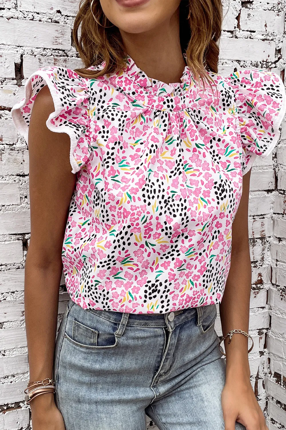 Floral Mock Neck Short Sleeve Blouse, image 2
