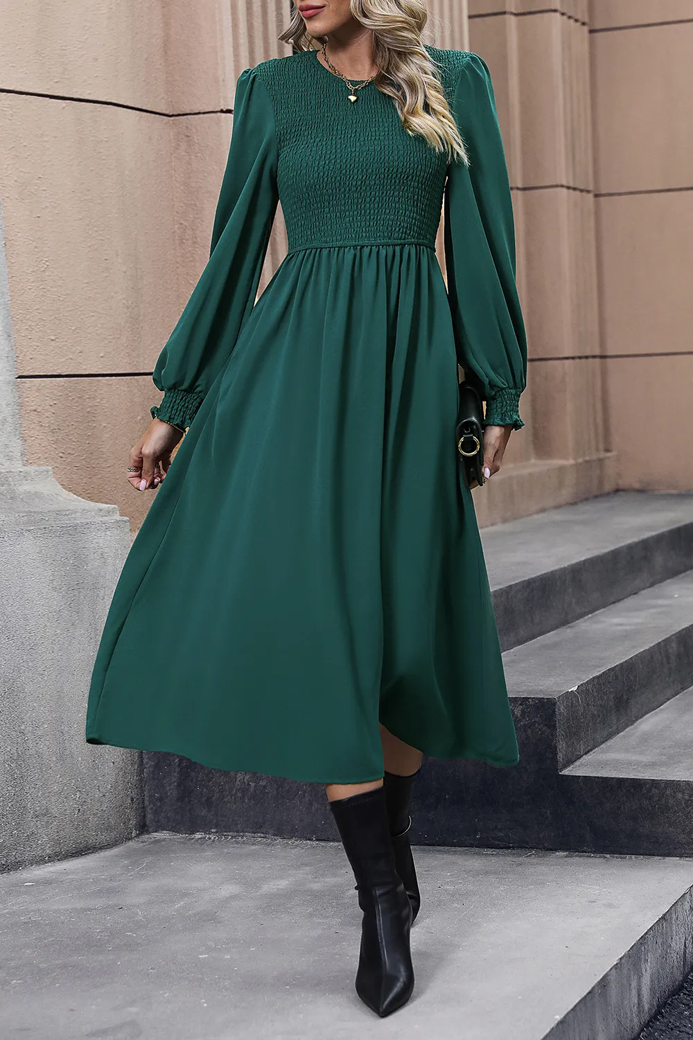 Smocked Long Sleeve Midi Dress, image 2