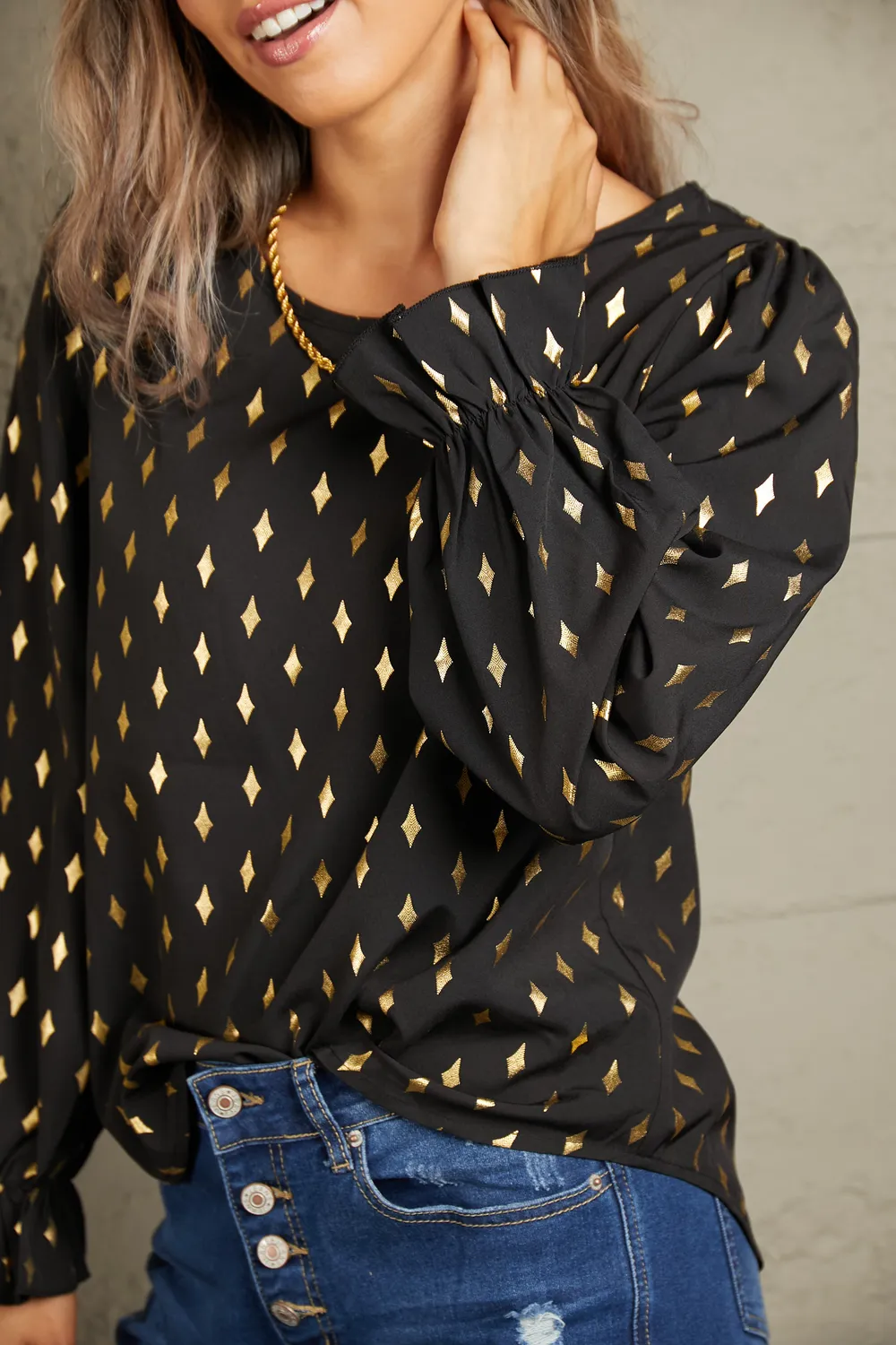 Printed Round Neck Flounce Sleeve Blouse, image 5