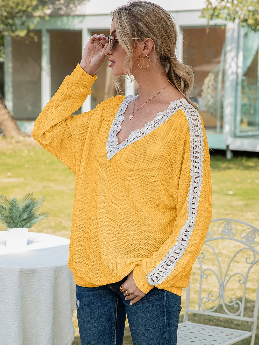 Contrast Spliced Lace V-Neck Top, image 10