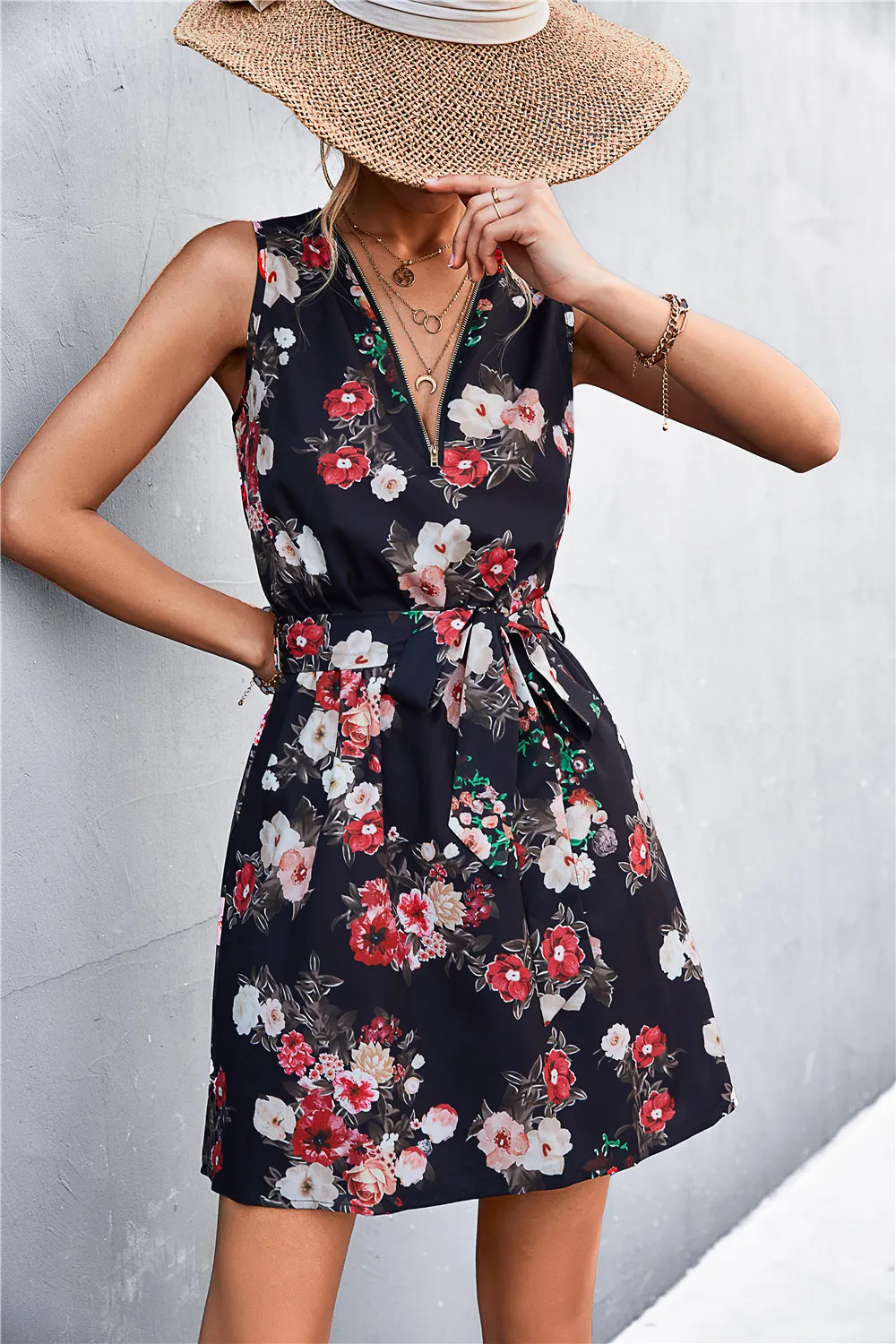 Printed Zip Detail Belted Sleeveless Dress, image 9