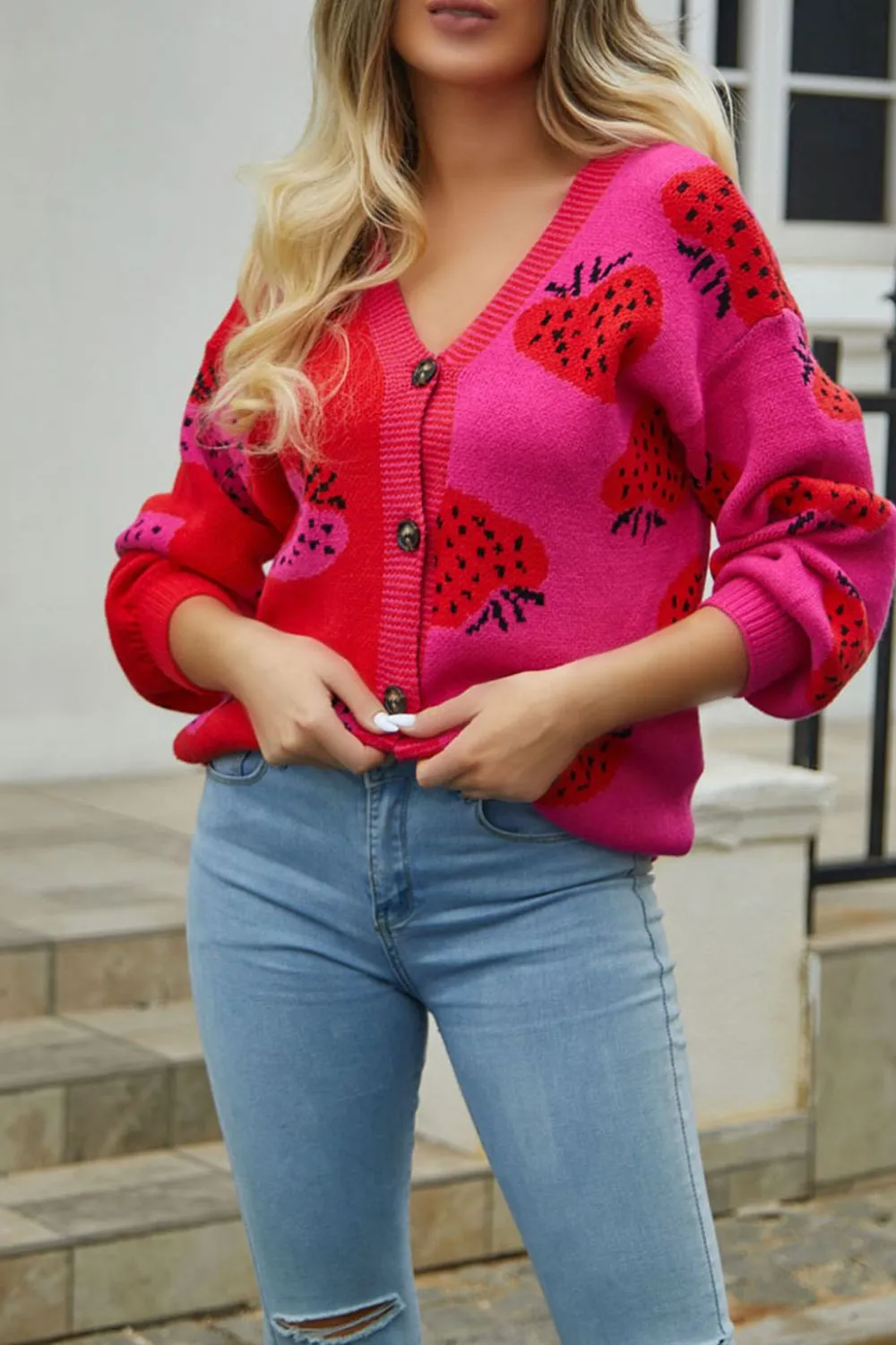 Printed V-Neck Button-Down Long Sleeve Cardigan, image 4