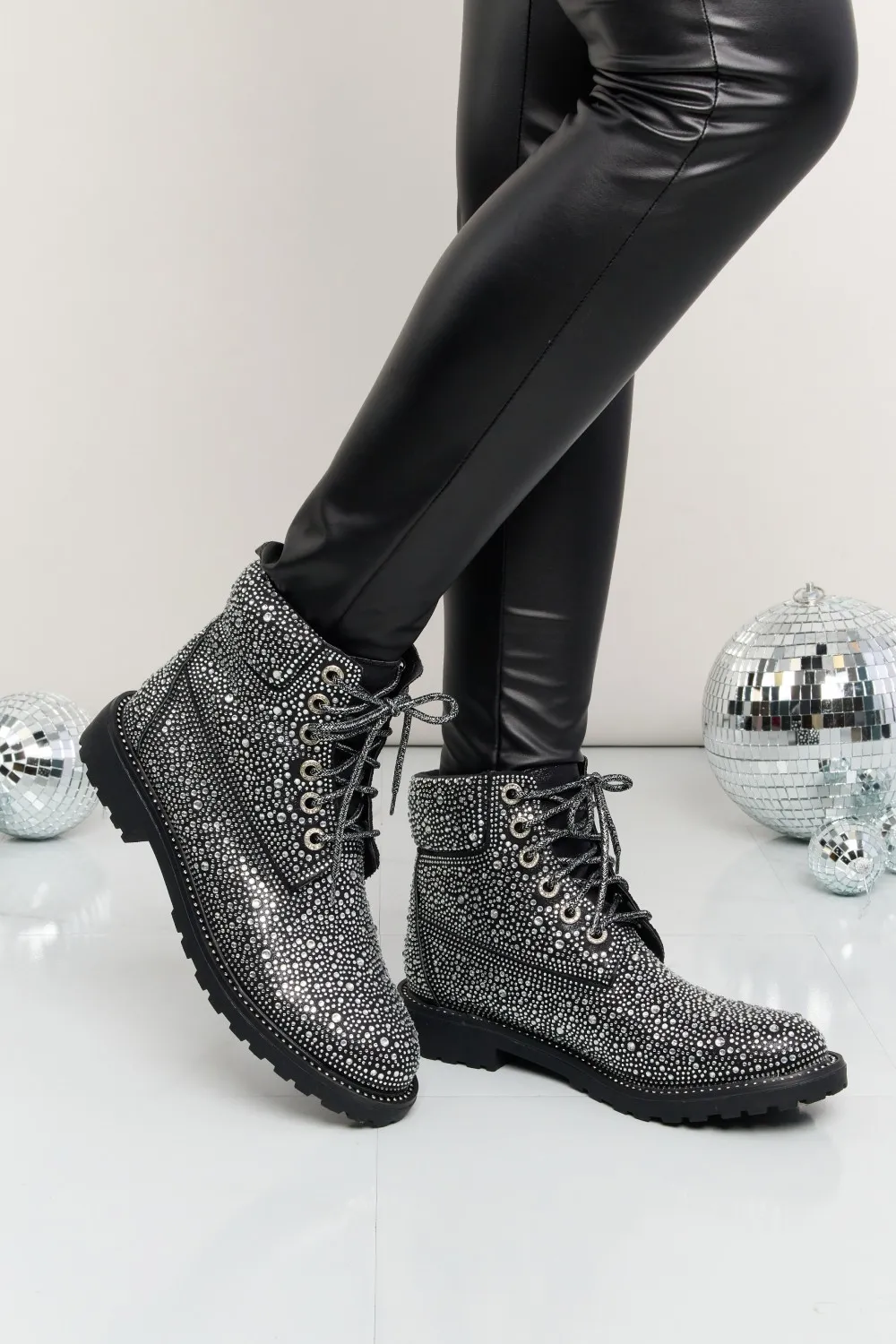 Rhinestone Lace-Up Combat Boots, image 2