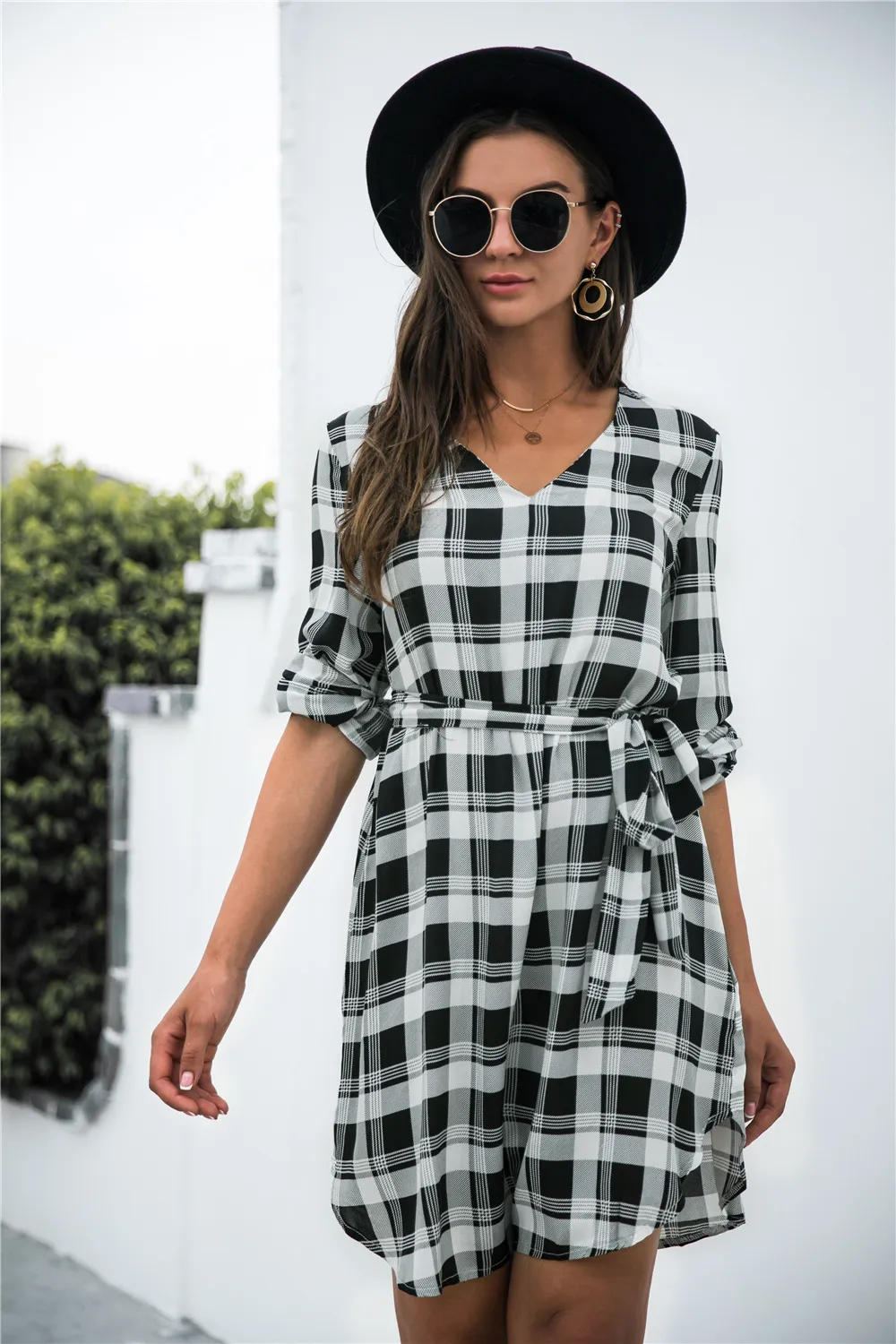Plaid V-Neck Tie Waist Dress