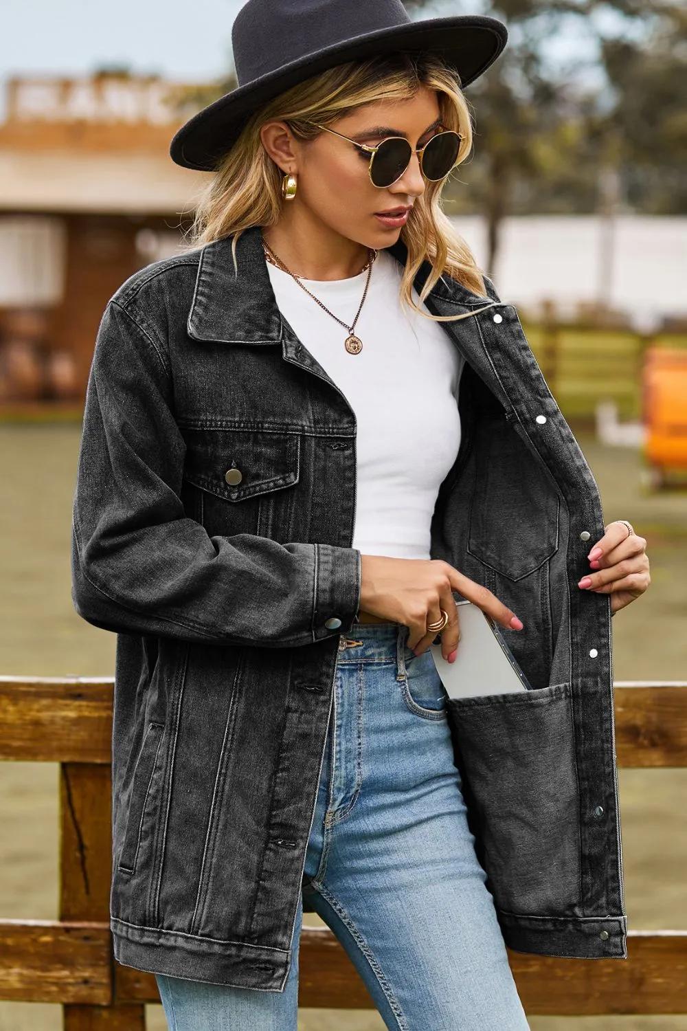 Buttoned Collared Neck Denim Jacket with Pockets, image 10
