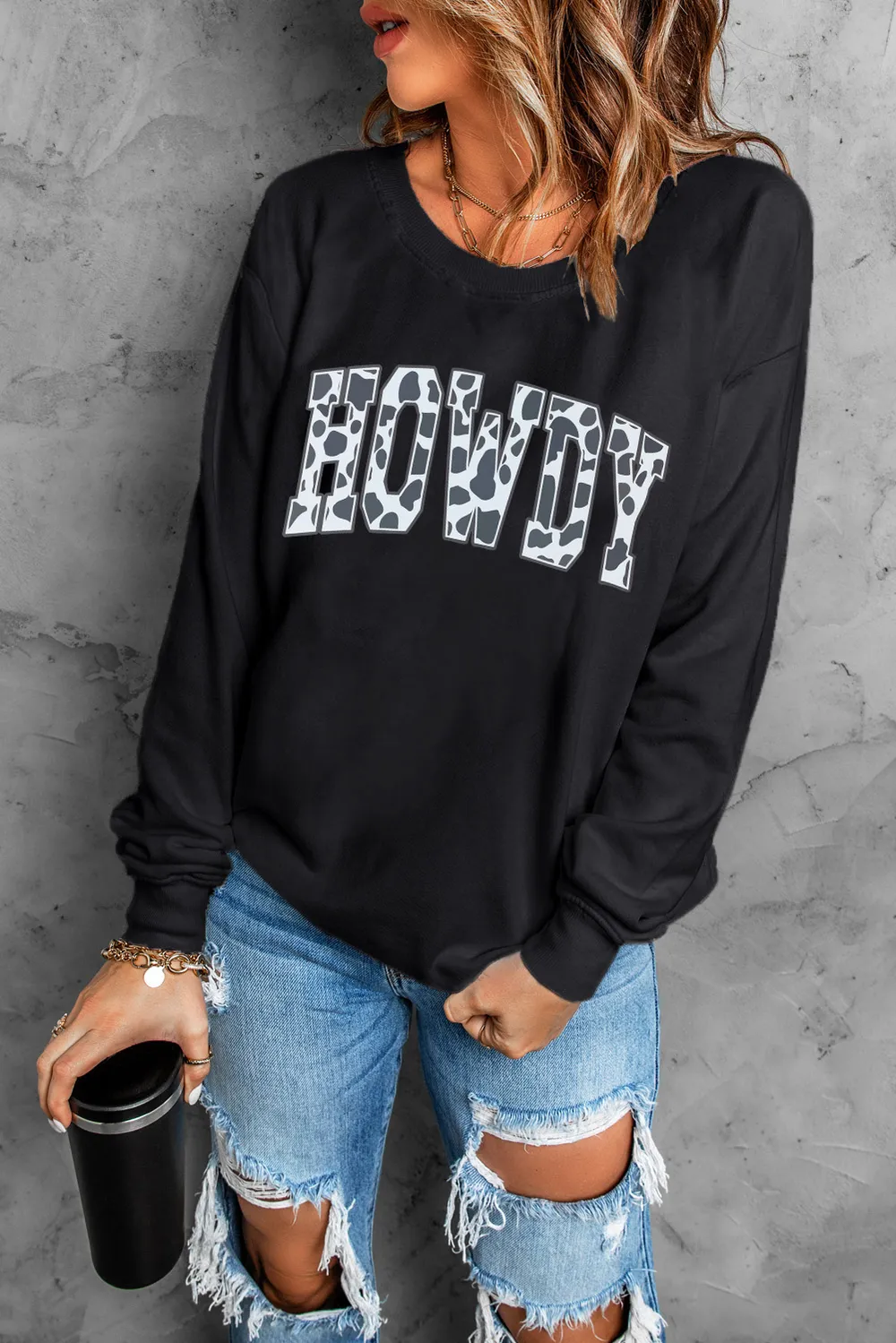 Round Neck Long Sleeve Howdy Graphic Sweatshirt, image 3