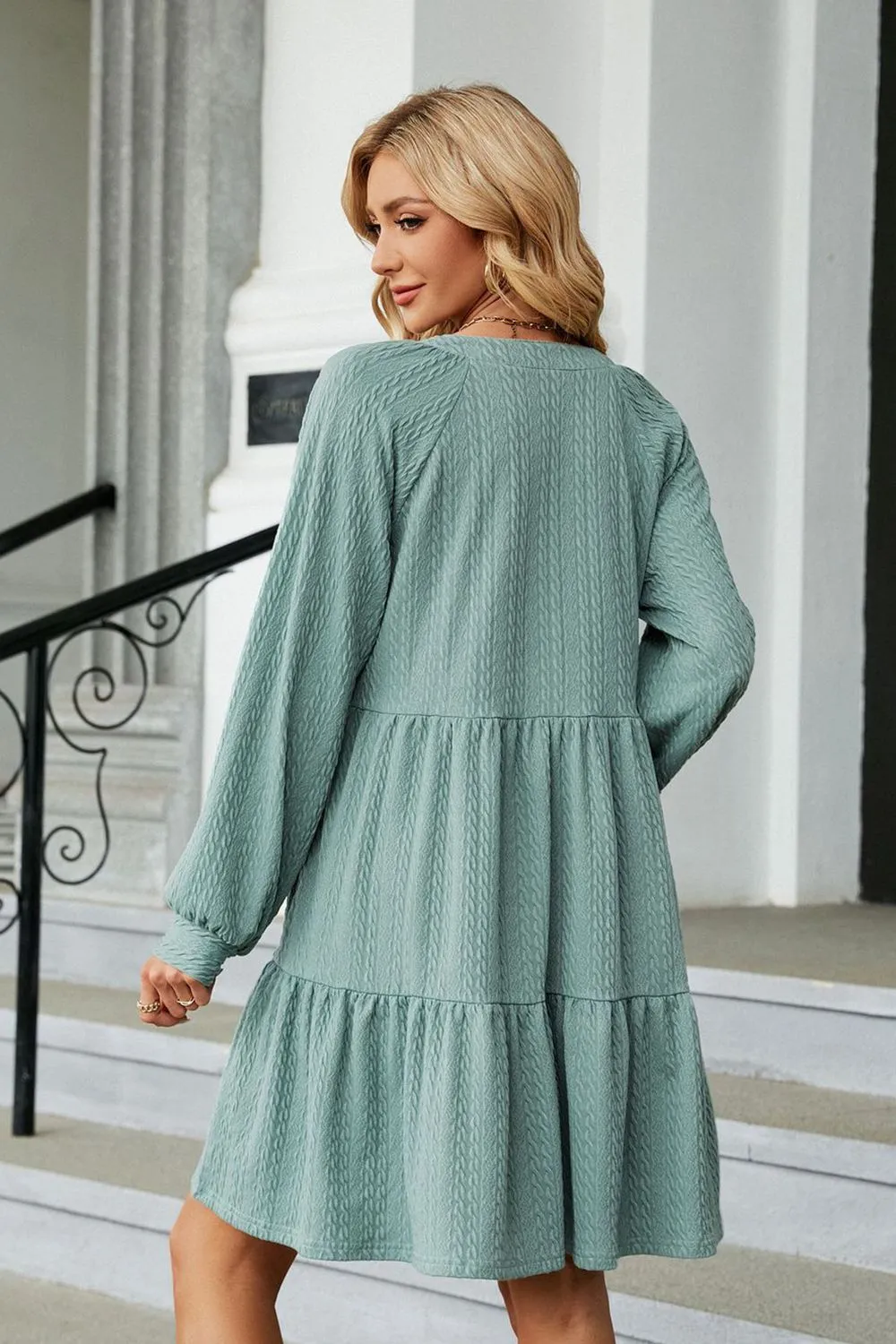 Notched Neck Long Sleeve Mini Dress, image 3
