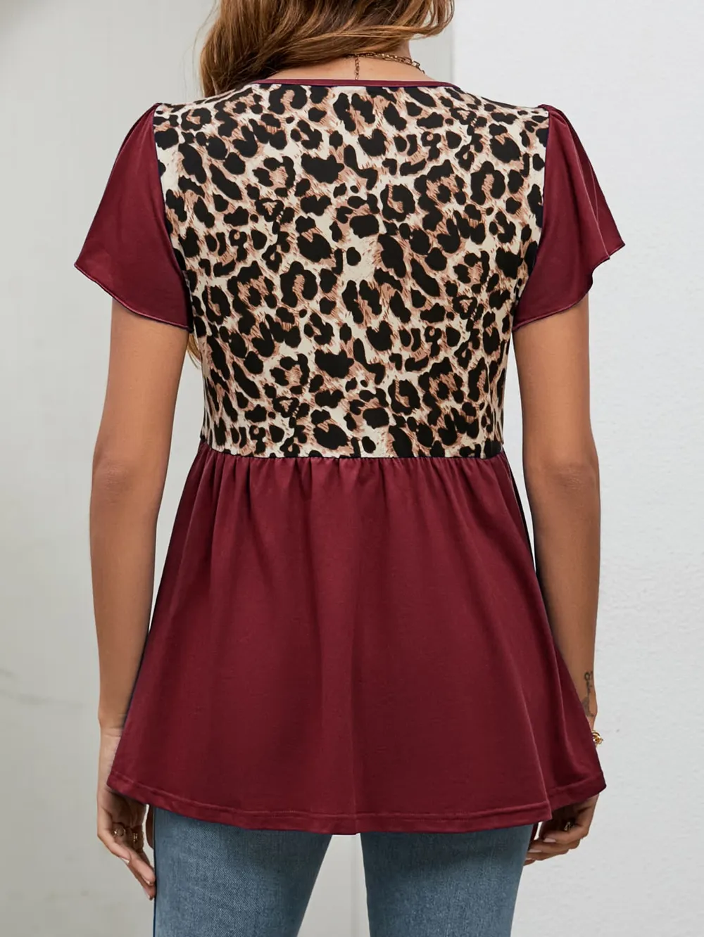 Leopard Round Neck Flutter Sleeve Babydoll Blouse, image 12