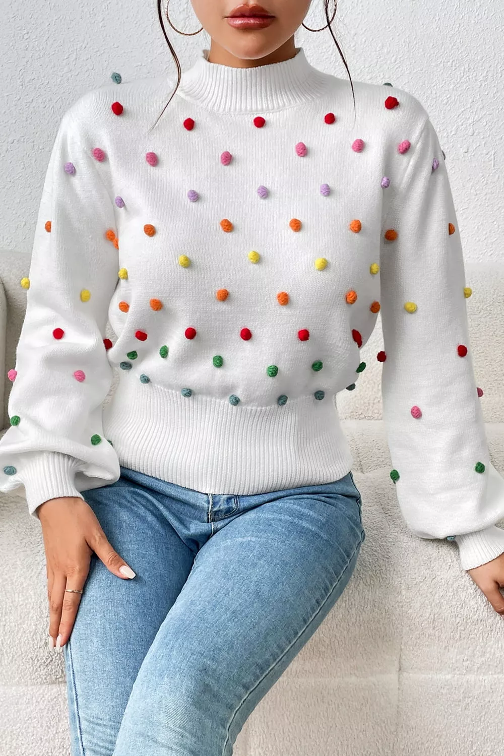 Pom-Pom Trim Mock Neck Long Sleeve Pullover Sweater, image 2