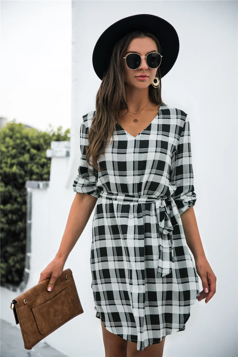 Plaid V-Neck Tie Waist Dress, image 2