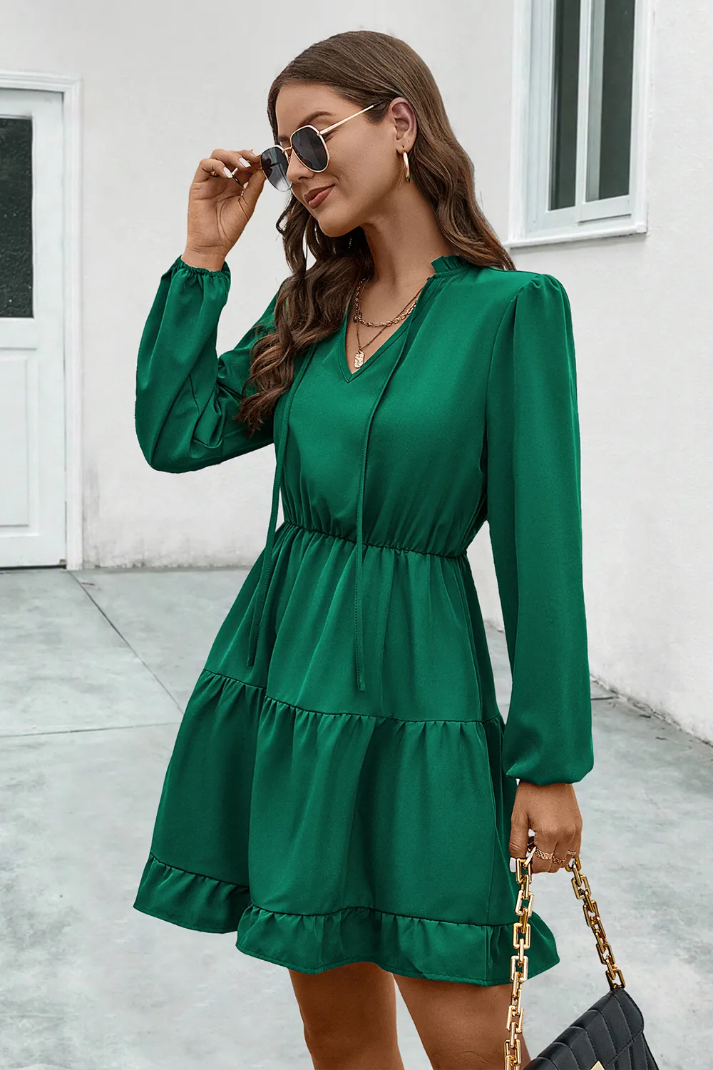 V-Neck Tie Neck Long Sleeve Dress, image 2