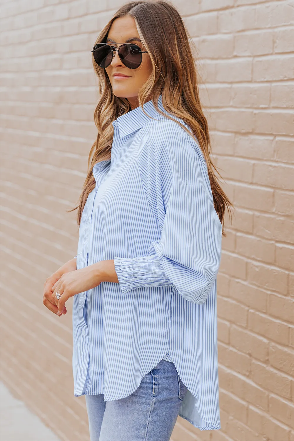 Striped Lantern Sleeve Collared Shirt, image 11