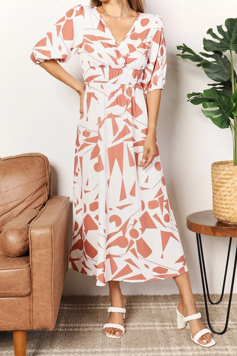 Printed Surplice Balloon Sleeve Dress, image 4
