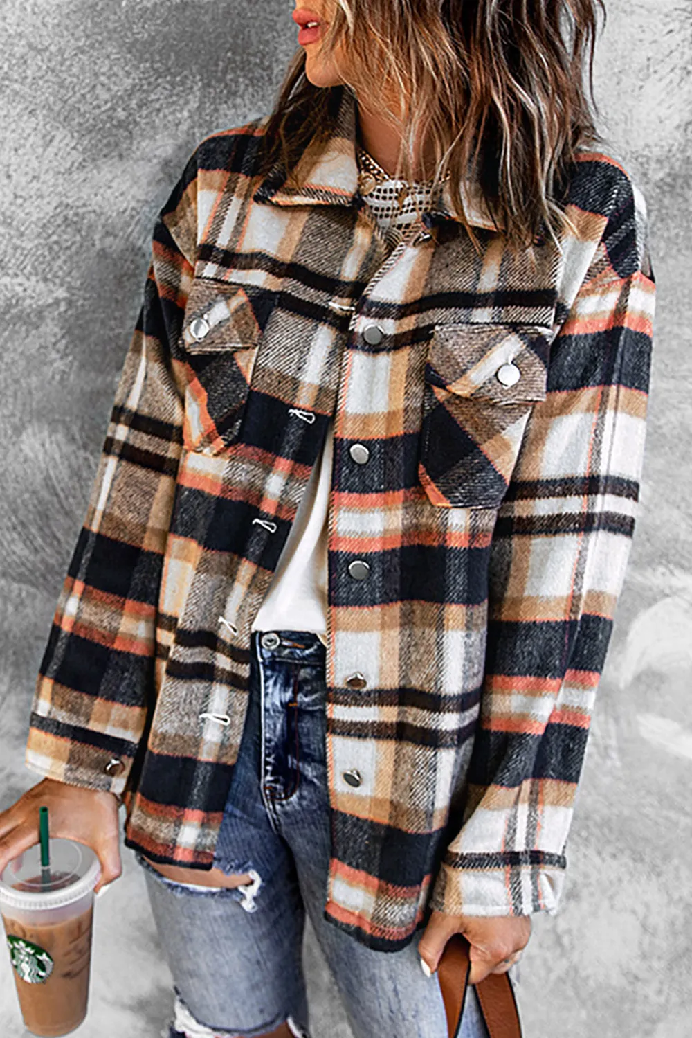 Plaid Button Front Shirt Jacket with Breast Pockets, image 4