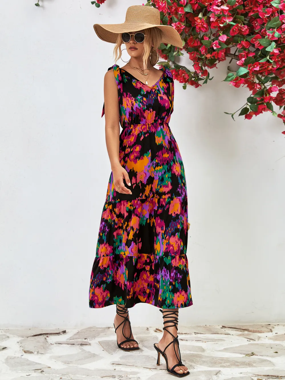 Multicolored V-Neck Backless Midi Dress, image 4
