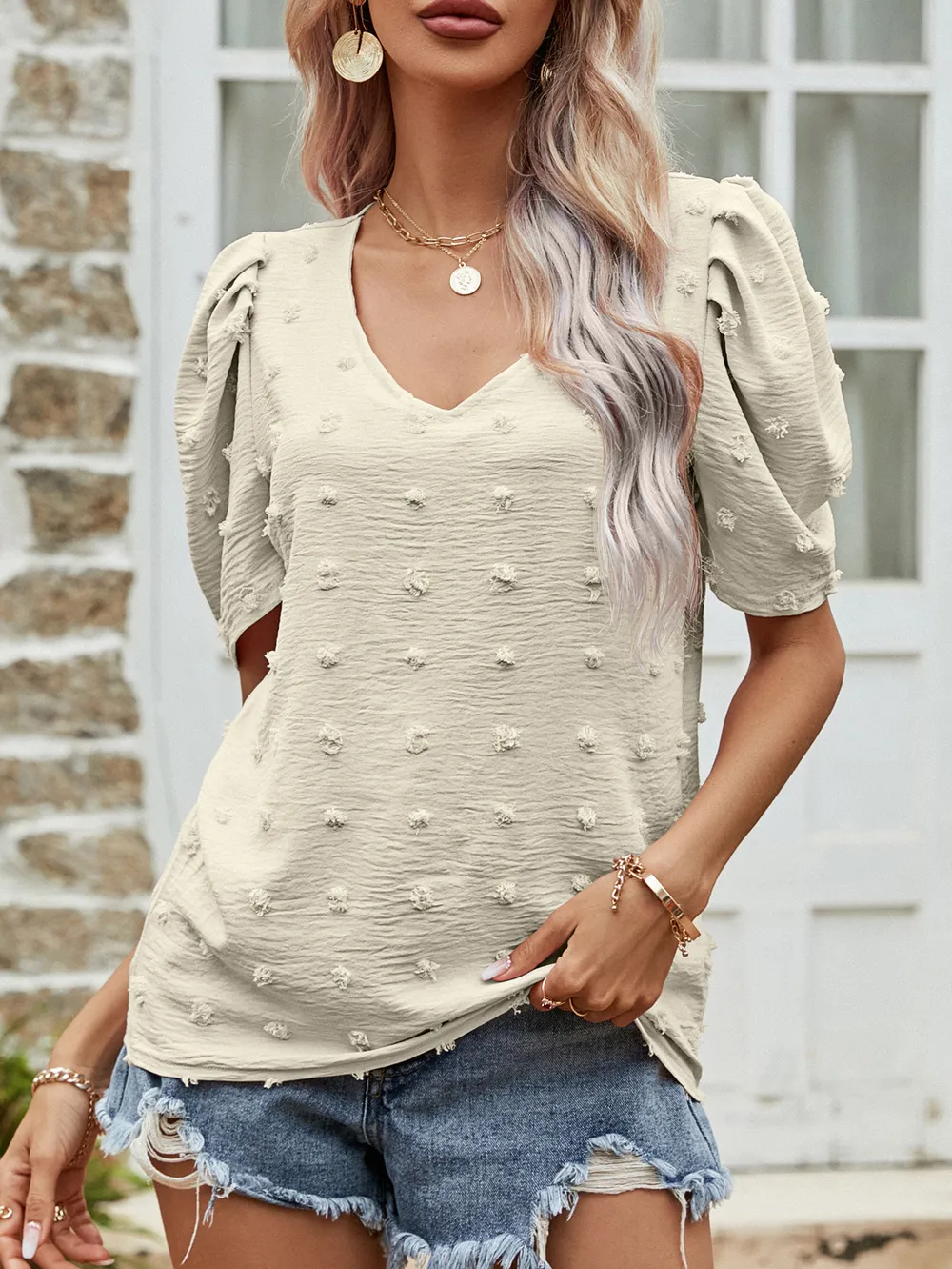 Swiss Dot Short Puff Sleeve Top, image 5