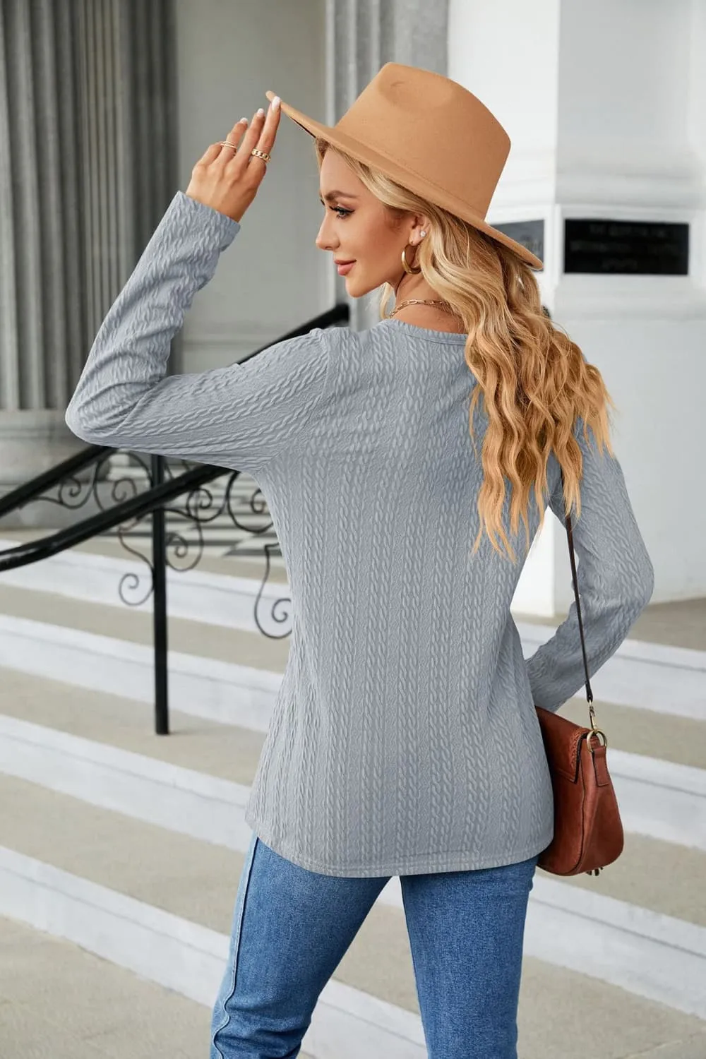 Cable-Knit Long Sleeve V-Neck T-Shirt, image 3