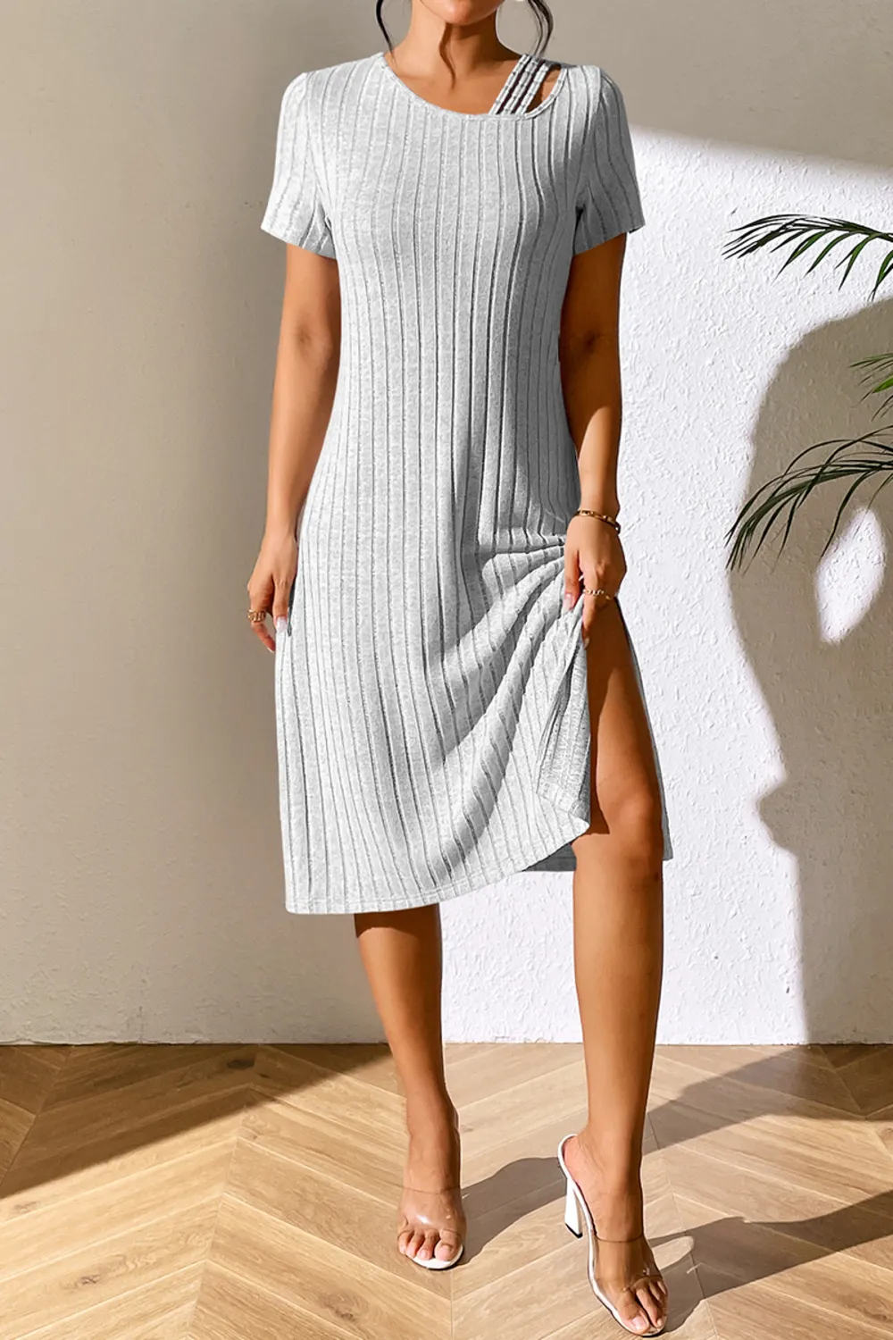 Ribbed Asymmetrical Neck Short Sleeve Dress, image 4