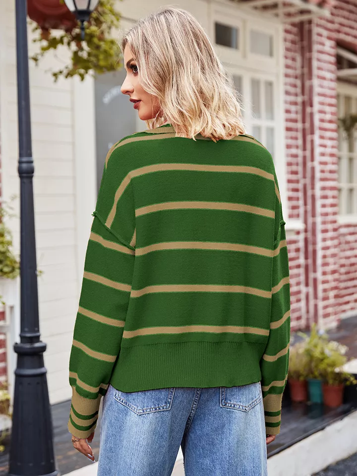 Striped Dropped Shoulder Notched Neck Knit Top, image 9