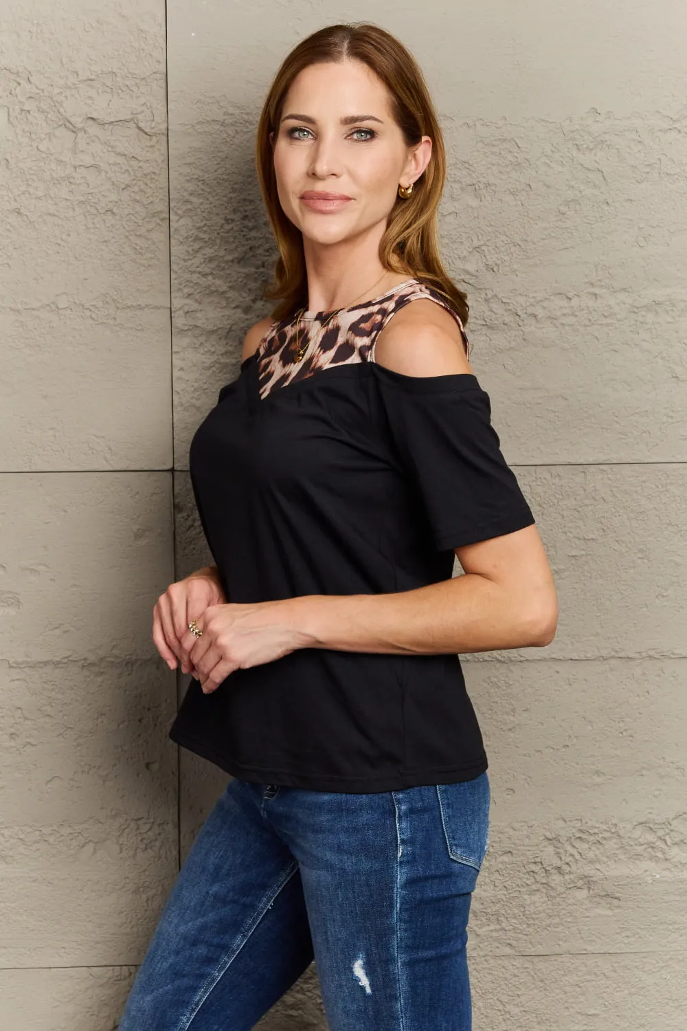 Leopard Print Round Neck Cold Shoulder Blouse, image 3