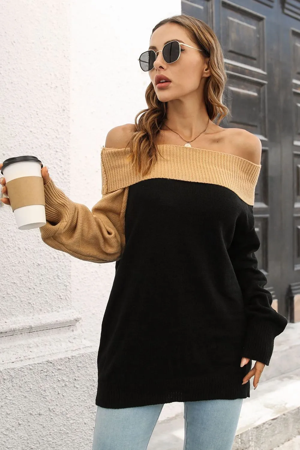 Ribbed Off-Shoulder Lantern Sleeve Pullover Sweater, image 6