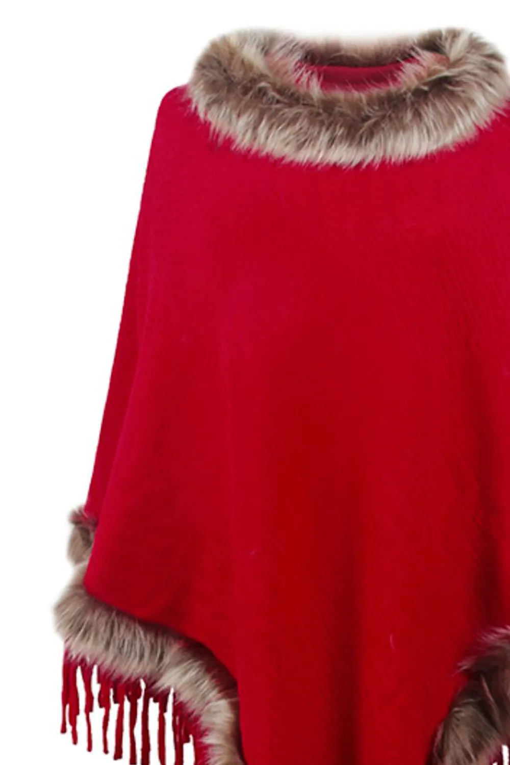 Faux Fur Trim Fringed Poncho, image 5