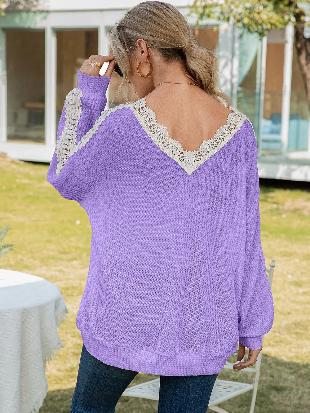 Contrast Spliced Lace V-Neck Top, image 3
