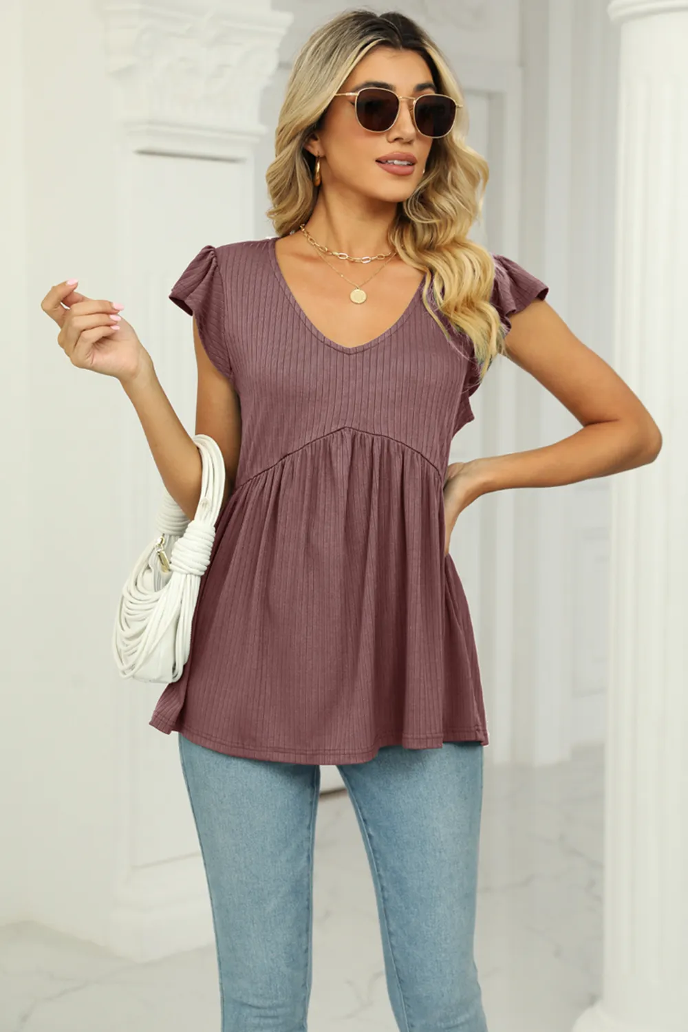 V-Neck Flutter Sleeve Babydoll Blouse, image 6