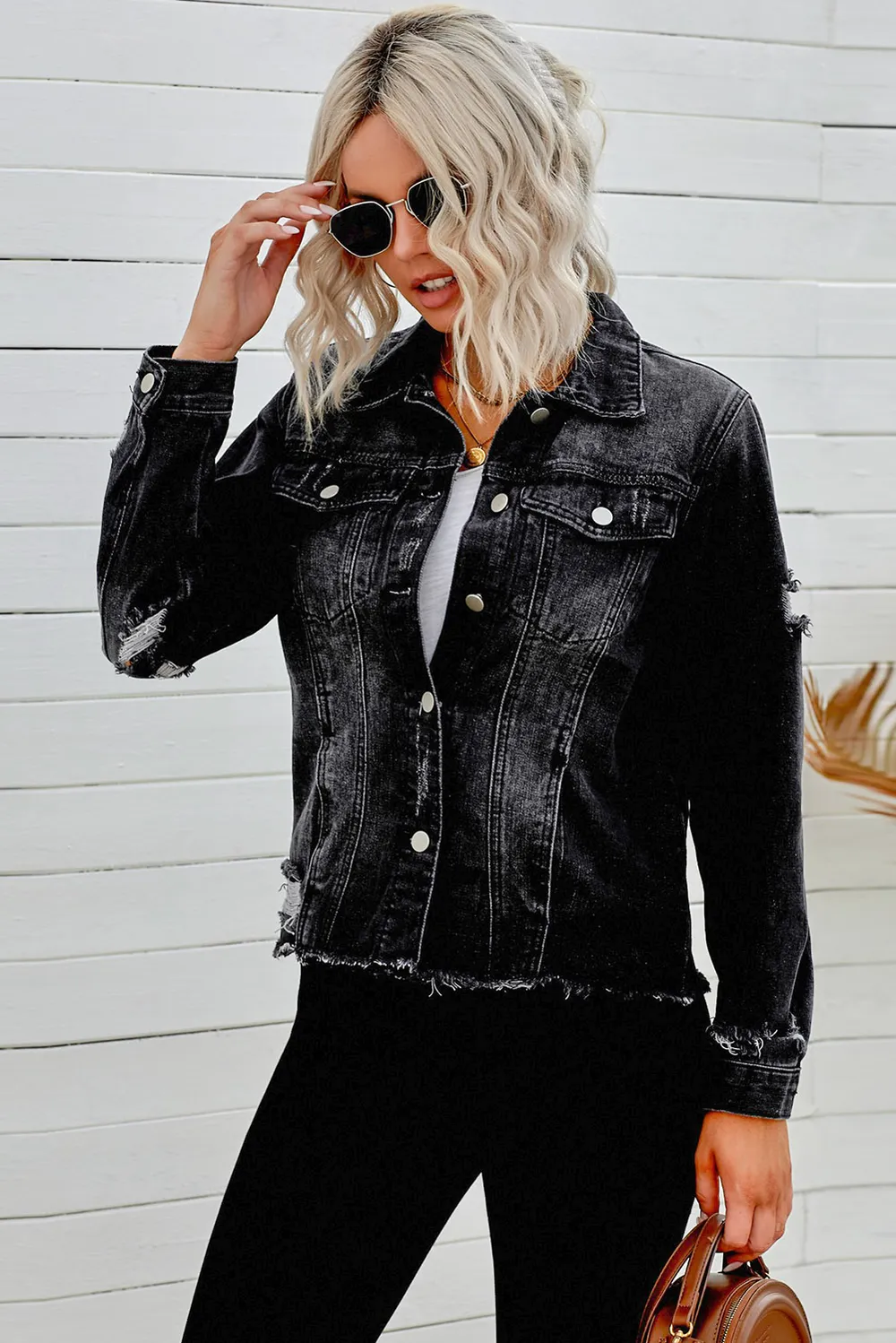 Distressed Raw Hem Buttons Denim Jacket, image 3