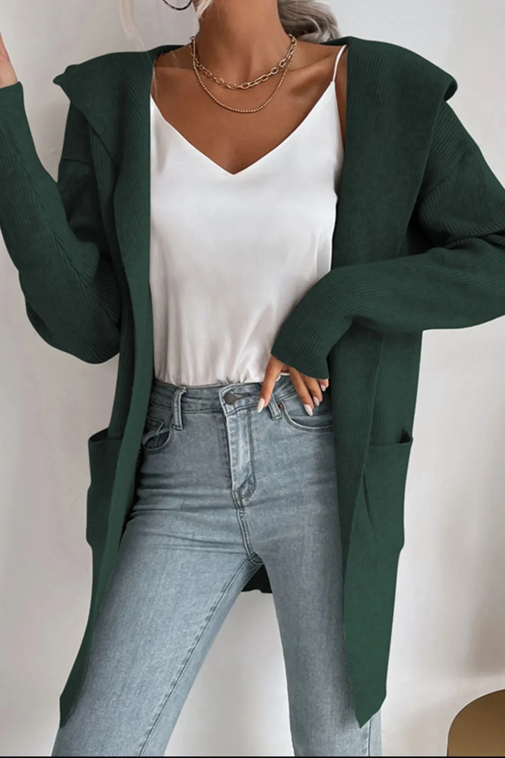 Ribbed Open Front Hooded Cardigan with Pockets, image 3