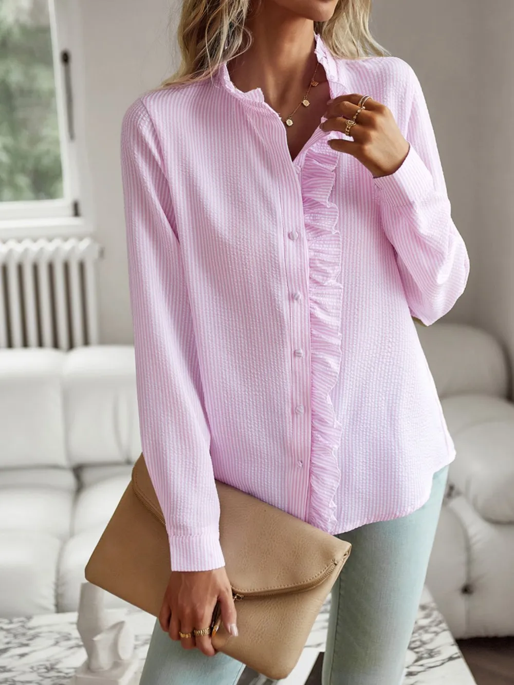 Ruffle Trim Long Sleeve Shirt, image 4
